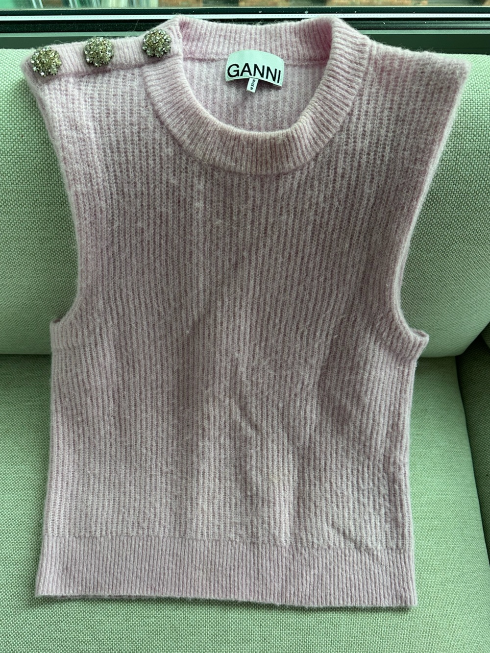 Ganni Lilac Pink Sleeveless Ribbed Knit Top with Embellished Shoulder Buttons